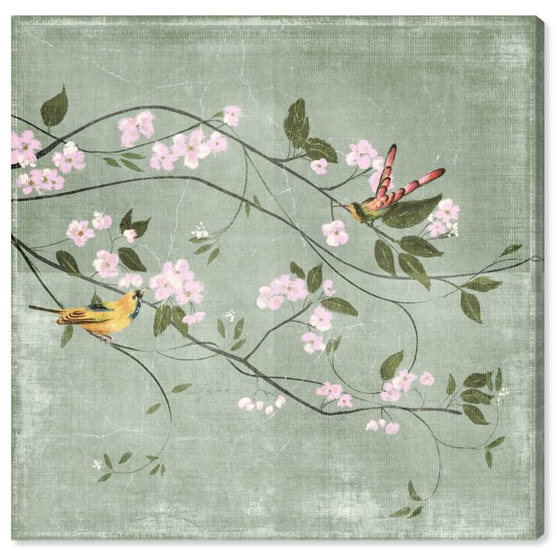 Wynwood Studio Canvas Floral and Botanical Cute Birds Flirt Green and Pastel Pink Farmhouse Wall Art Canvas Print