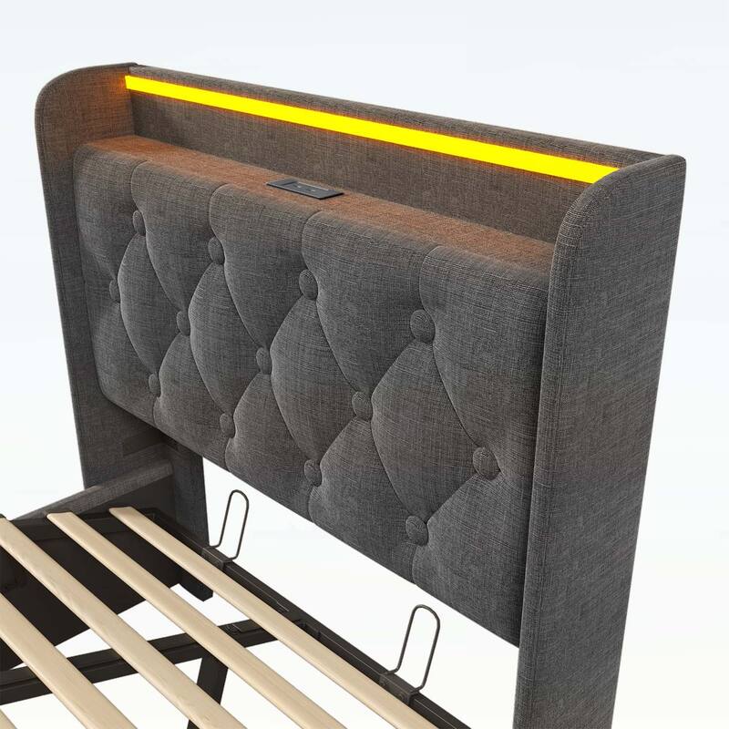 Classic Upholstered Bed with 360 LED Lighting,Hydraulic Storage,and USB Charging