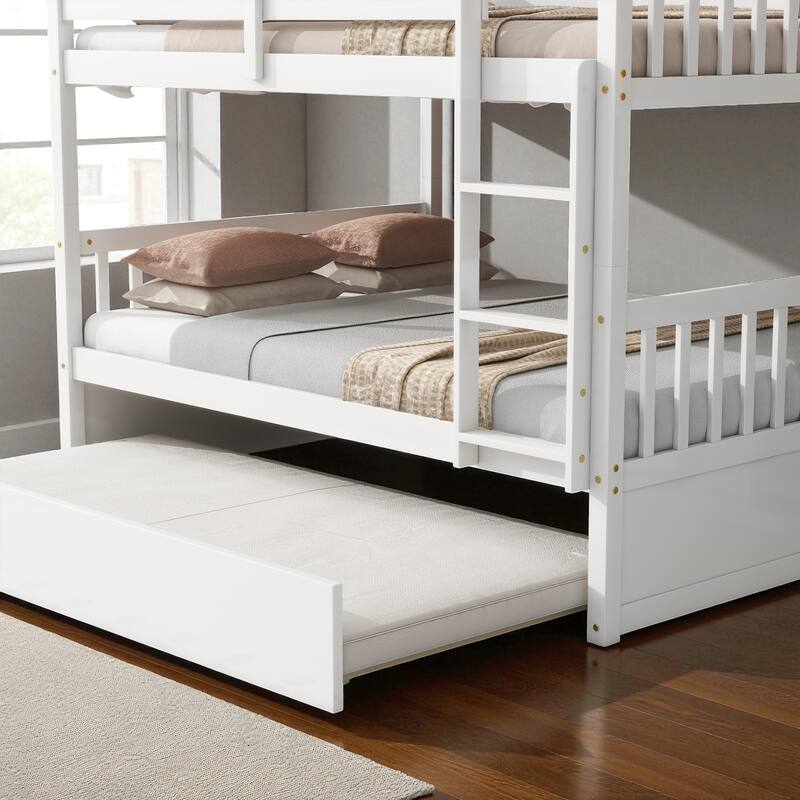 Full Over Full Rubber Wood Bunk Bed with Trundle, Convertible into Two Full Beds, Ladder and Guardrails Included