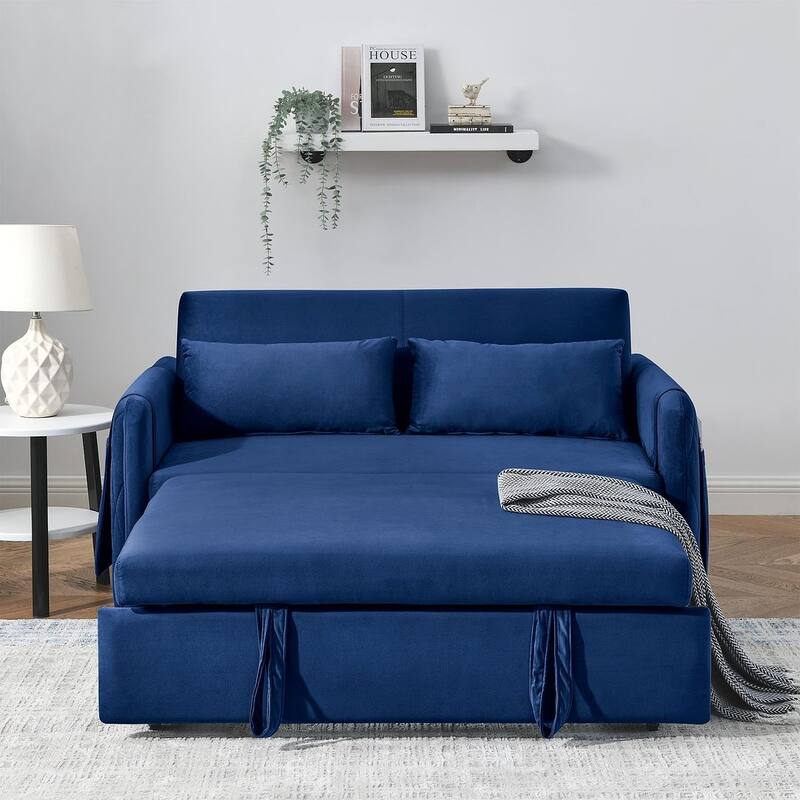 55" Modern Velvet Convertible Sofa Bed with 2 Removable Arm Pockets and 2 Pillows