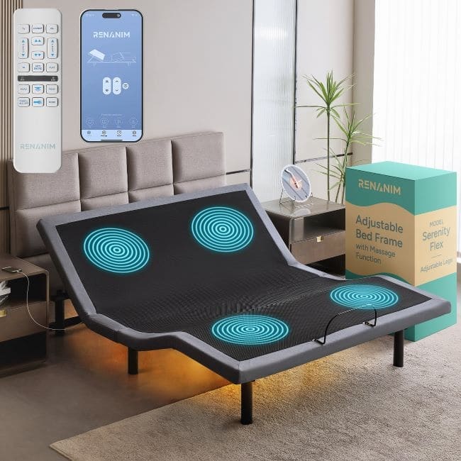 Renanim SF Adjustable Bed Frame, Dual Massage, USB, Underbed Light, App Control, Head and Foot Incline, Reclining Base - King