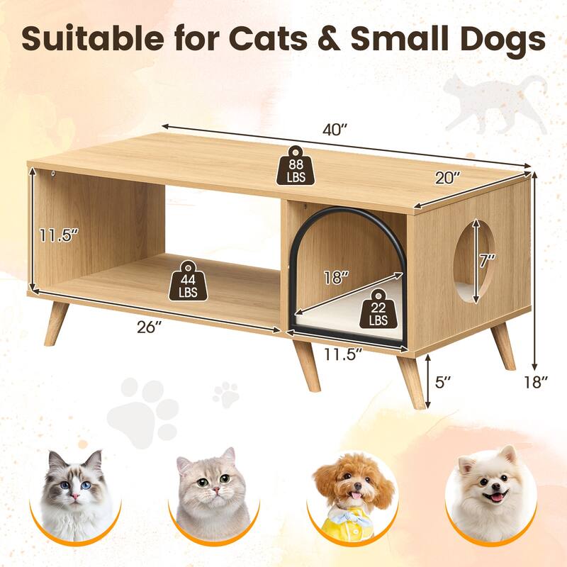 Gymax 40'' Coffee Table w/ Cat House 2-in-1 Farmhouse Cat Furniture