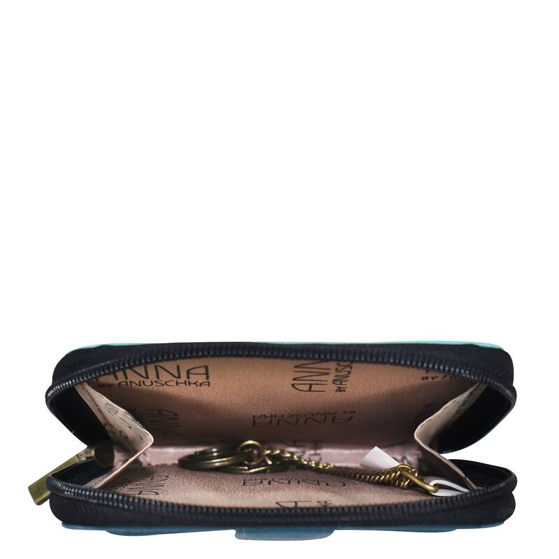 Handpainted Leather Ladies Zippered Organizer Wallet - Vintage Garden Turquoise