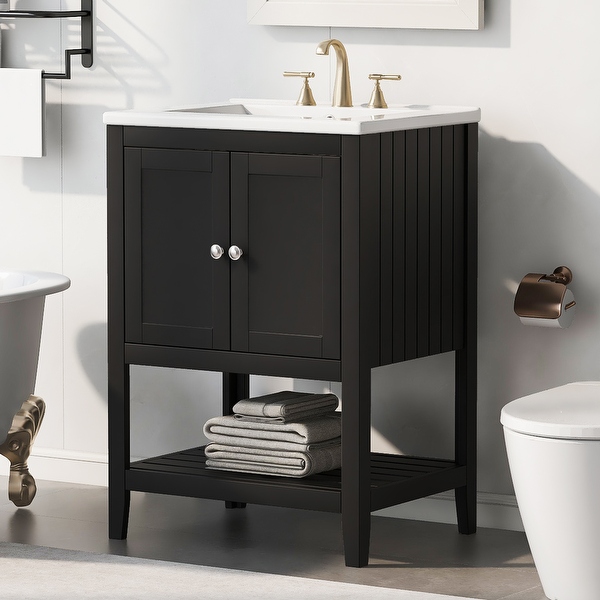 24 Single Floor Bathroom Vanity Cabinet Ceramic Sink Combo Set Black 24 In. L X 18 In. W X 33.6 In. H Bed Bath Beyond 41346131