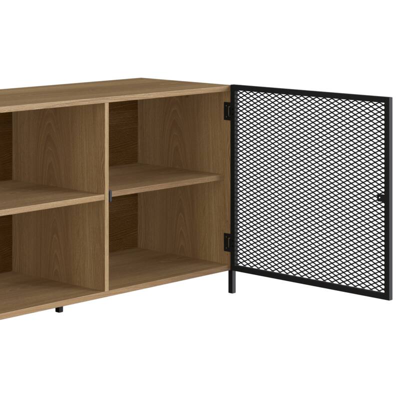 York Media Console TV Stand with Black Iron Legs 2 Mesh Doors