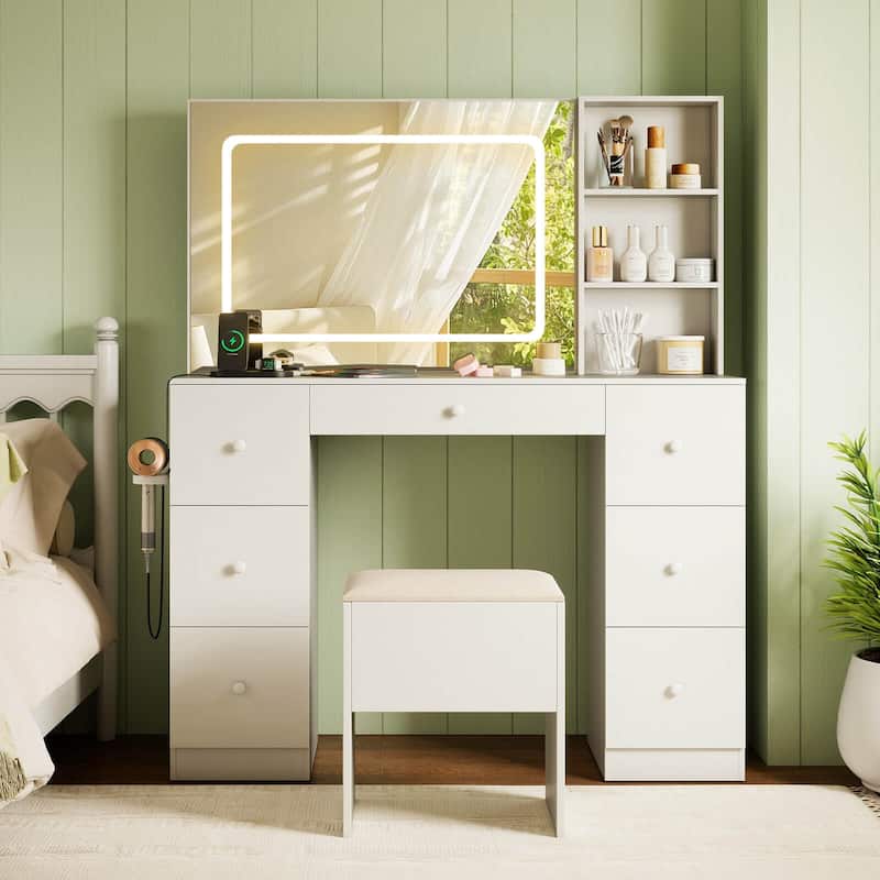 Costway Vanity Desk with Mirror & Lights Makeup Table with Power - See Details