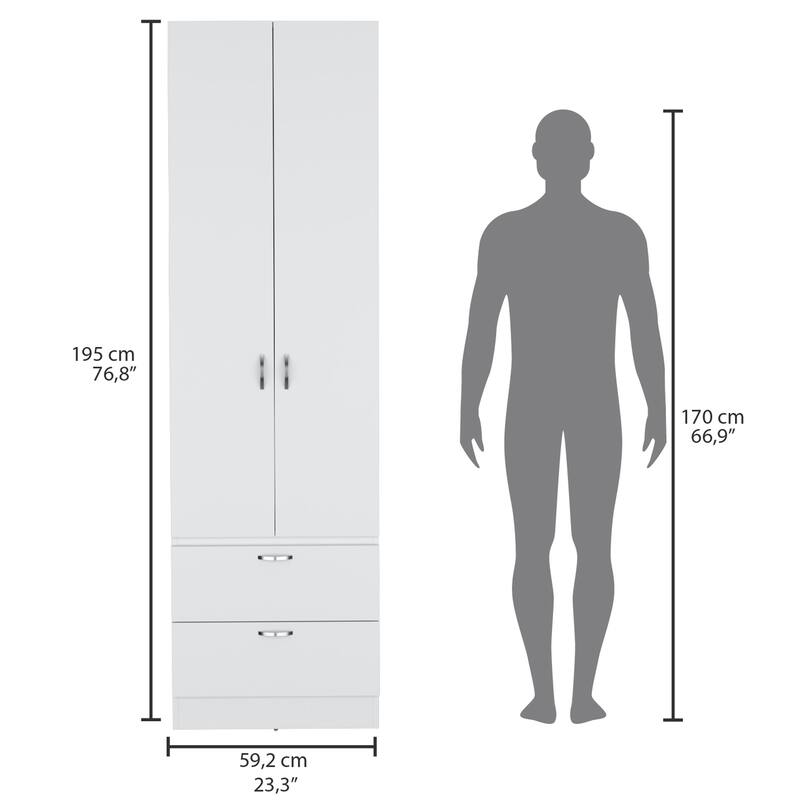 19.5" Modern Double-door Armoire with 2 Drawers, One Shelf and Hanging Rod