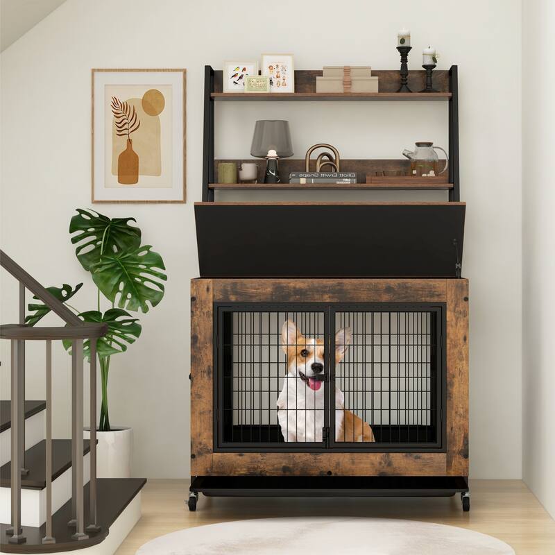 Gymax Dog Crate Furniture w/ Storage Shelves Industrial Dog Kennel w/