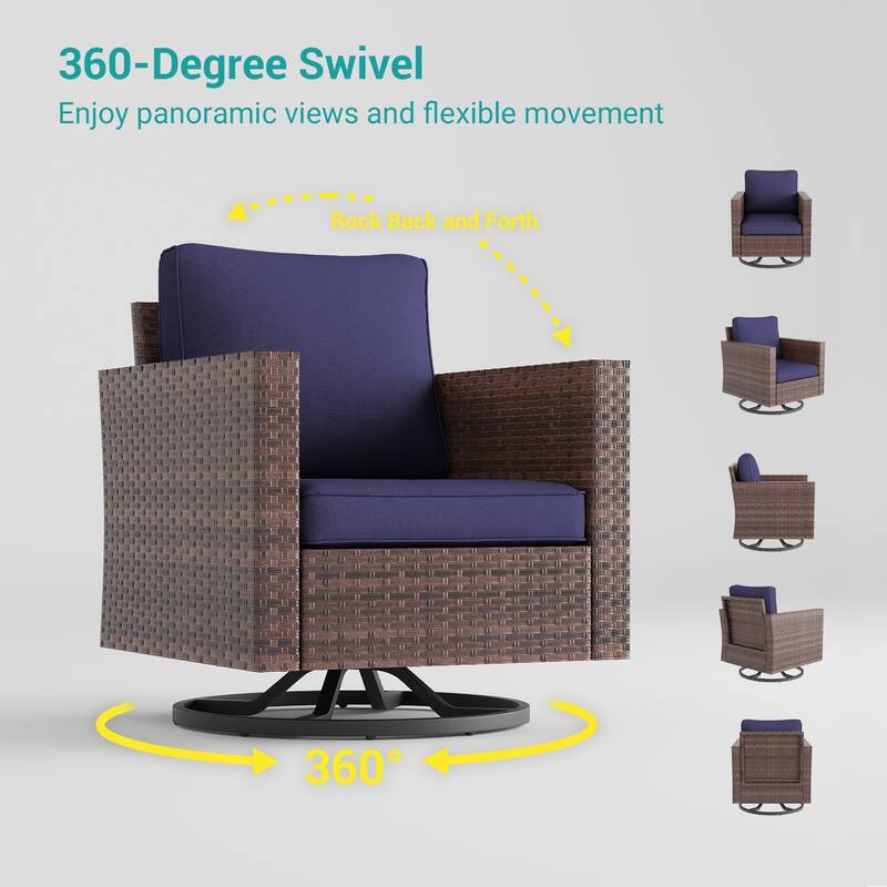 BONOSUKI 3Pcs Patio Swivel Rocking Sofa Set Brown Rattan w/Glass Table