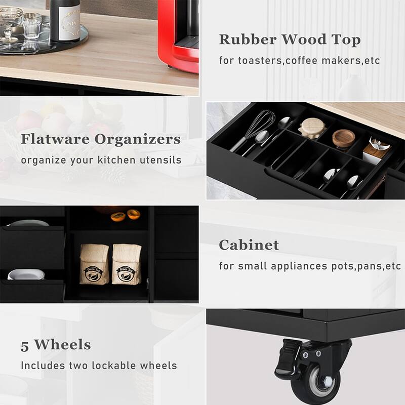 Kitchen Cart With Rubber Wood Countertop, Large Storage Space Flatware Organizer With Spice Rack, Towel Rack