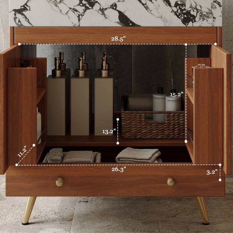 Mid-Century 30" Freestanding Bathroom Vanity with Faux Marble Top, Ceramic Sink & Gold Legs Cabinet