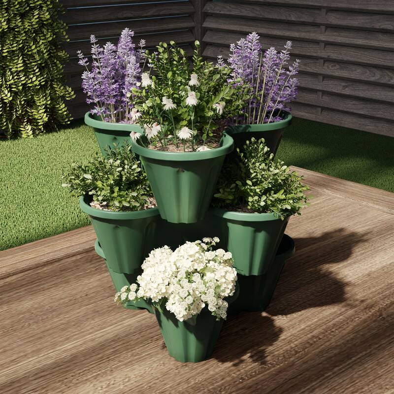 Set of 3 Stacking Planter Tower - 3-Tier Space Saving Flower Pots by Pure Garden - 13.5 x 10.75 x 4.75 - Hunter Green