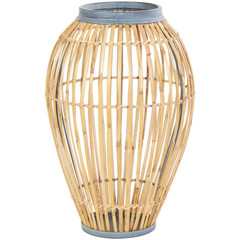 Bamboo Wood Handmade Open Frame Decorative Vase with Blue Metal Accents - Brown - Roche River Decor