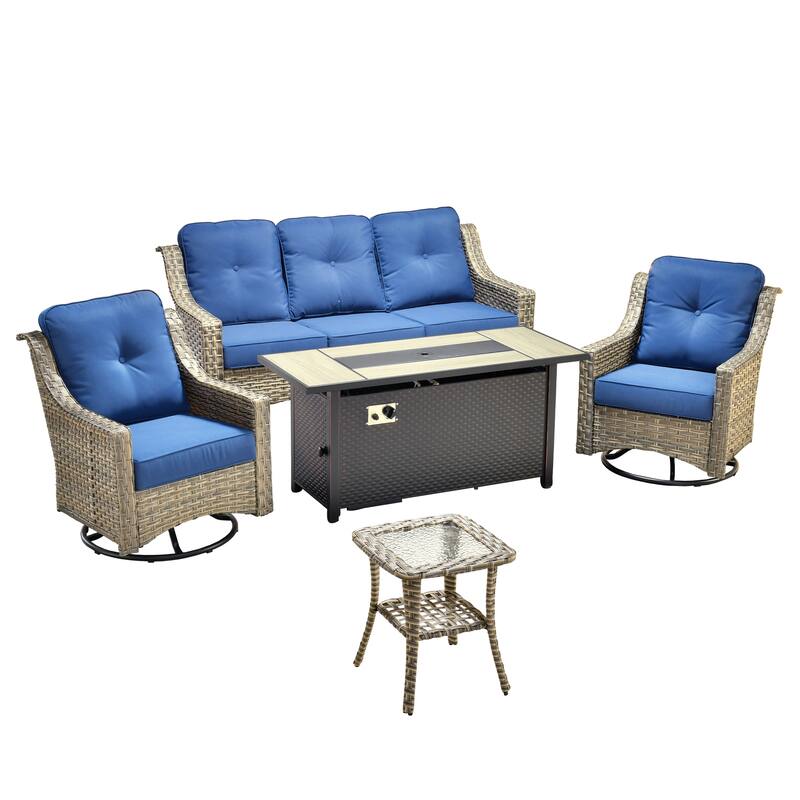 XIZZI 5-Piece Wicker Patio Furniture Set with Sofa, Swivel Chairs & Fire Pit