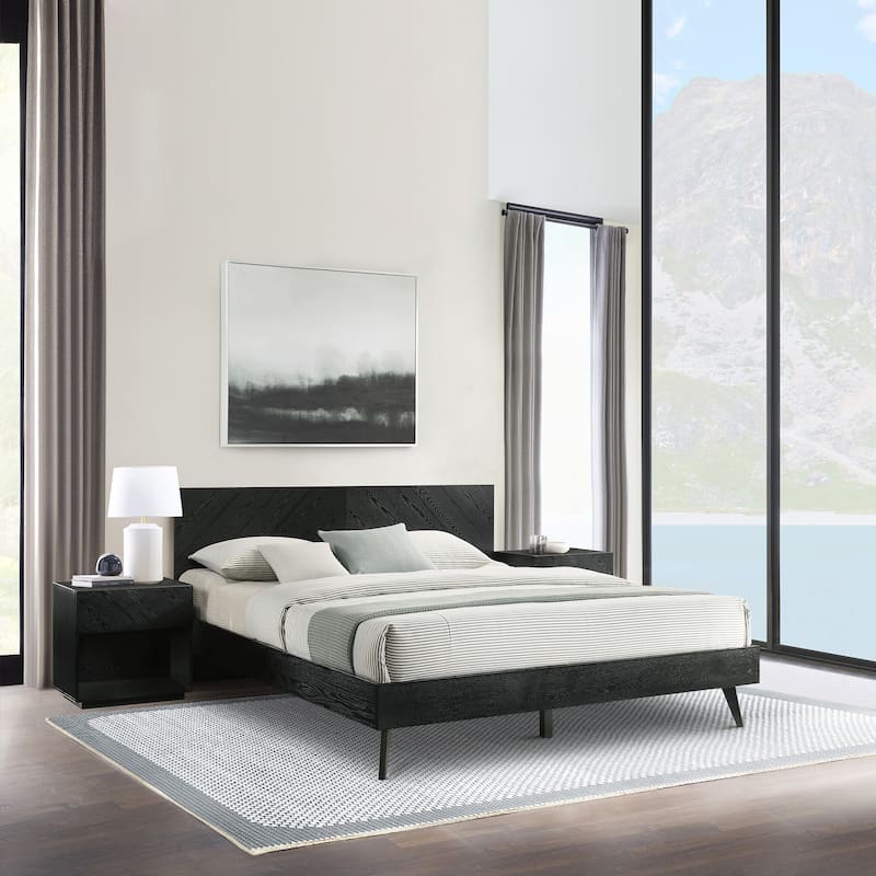 Petra Black Wood 3 Piece Bedroom Set with 2 Nightstands and Platform King or Queen Bed Frame - King