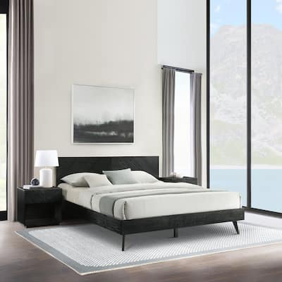 Petra Black Wood 3 Piece Bedroom Set with 2 Nightstands and Platform King or Queen Bed Frame