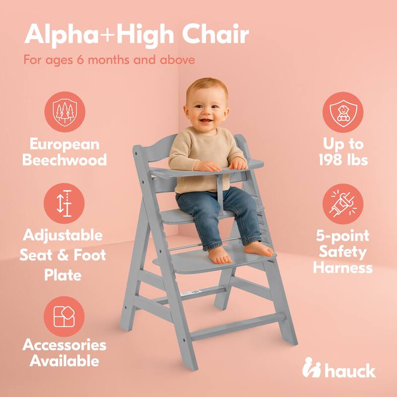 hauck Alpha+ Grow Along Adjustable Boosted Wooden Highchair, Beechwood, Grey - 16.5