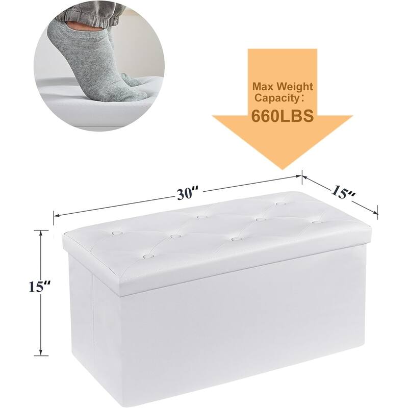 VECELO Folding Storage Ottoman, Bedroom Storage Bench, Versatile Footrest Footstool Tufted Faux Leather Chest for Living Room