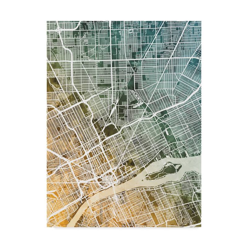 Michael Tompsett 'Detroit Michigan City Map Teal Orange' Canvas Art