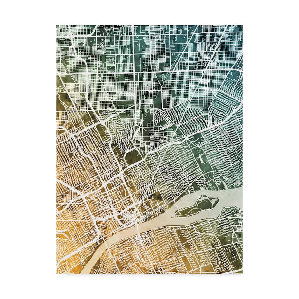 Michael Tompsett 'Detroit Michigan City Map Teal Orange' Canvas Art