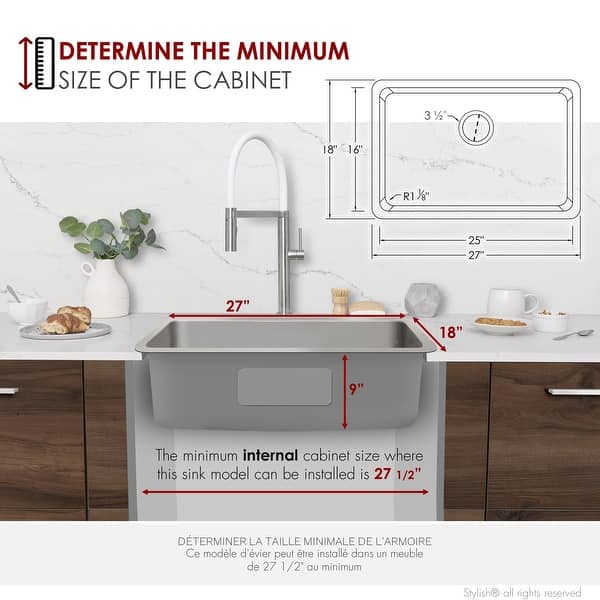 dimension image slide 1 of 3, STYLISH 27 inches L x 18 inches W Stainless Steel 18 Gauge Single Basin Undermount Kitchen Sink with Basket Strainer