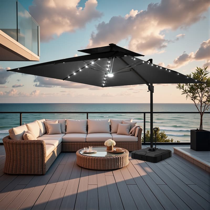 11 FT Outdoor LED Double Top Patio Cantilever Umbrella with Base Stand