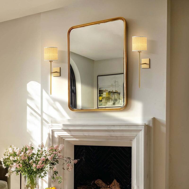 Luma Arm Sconce - Metal, Raffia & Natural Beige, Gold 1-Light Wall Sconce for Bedroom or Bathroom in Modern, Mid-Century Style