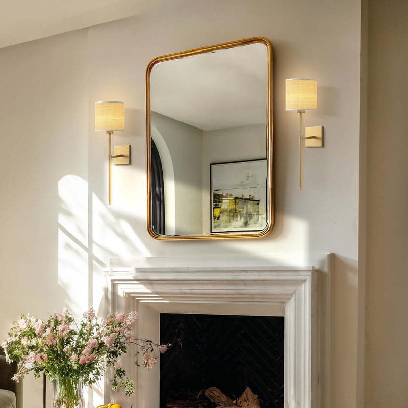 Luma Arm Sconce - Metal, Raffia & Natural Beige, Gold 1-Light Wall Sconce for Bedroom or Bathroom in Modern, Mid-Century Style