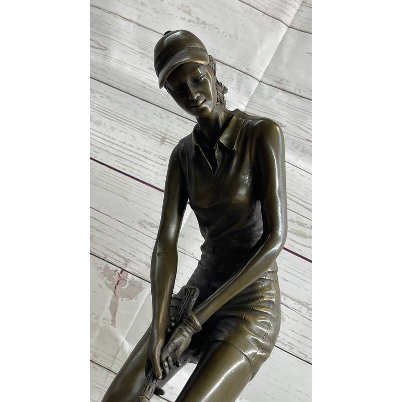 Female Golfer Bronze Metal Statue Sculpture Trophy Figure On Marble Base By Milo