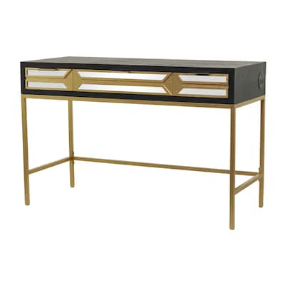 Wooden 3 Drawers Desk with Mirrored Front and Outlet - Black - Roche River Decor
