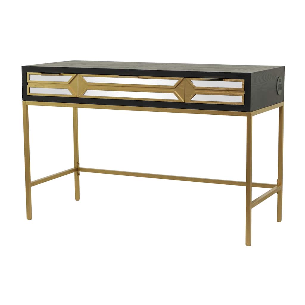 Wooden 3 Drawers Desk with Mirrored Front and Outlet - Black - Roche River Decor