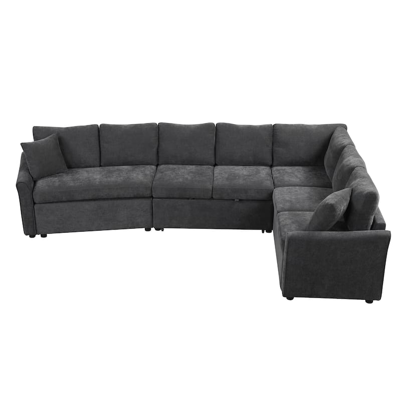 124.8'' Convertible L-Shaped 6-Seater Sectional Sofa with USB Ports, Power Outlets, Pull-Out Bed, and Two Back Cushions
