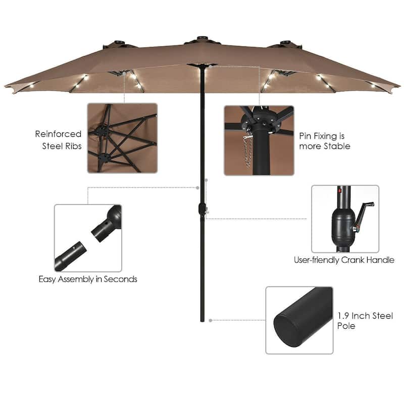 15 Ft Patio LED Crank Solar Powered 36 Lights Umbrella