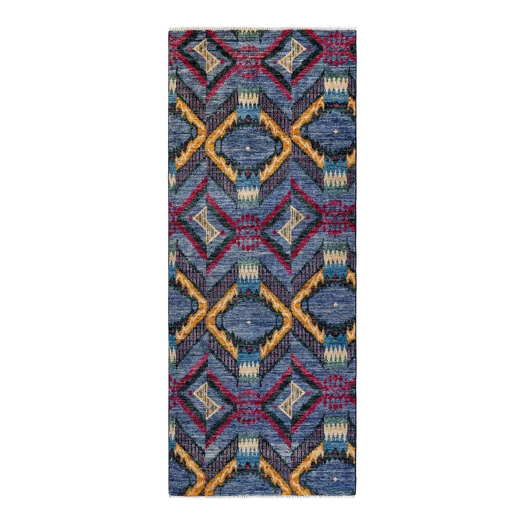 Overton Hand Knotted Wool Vintage Inspired Modern Contemporary Modern Blue Area Rug - 4' 0" x 10' 3"