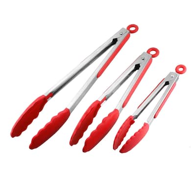 Kitchen Tongs Stainless Steel Locking Tong Set of 3 7-inch 9-inch 12-inch Red - 7 & 9 & 12 Inch