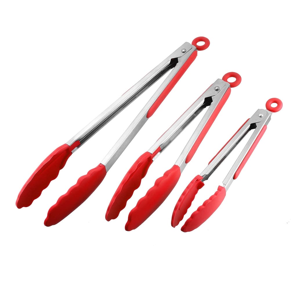 Kitchen Tongs Stainless Steel Locking Tong Set of 3 7-inch 9-inch 12-inch Red - 7 & 9 & 12 Inch