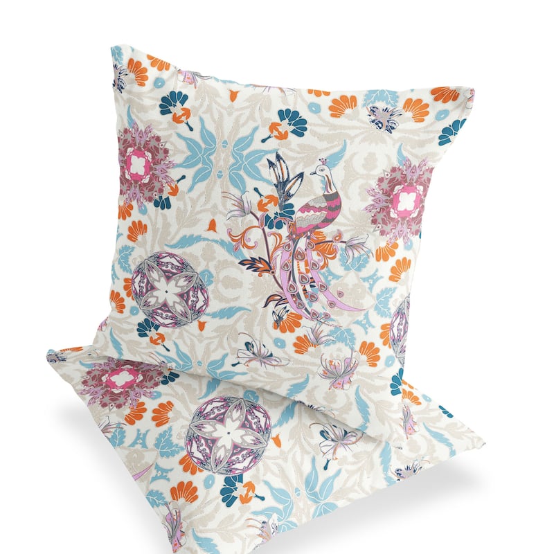 HomeRoots Set of Two 16" X 16" Blue and Off White Peacock Blown Seam Eclectic Indoor Outdoor Throw Pillow