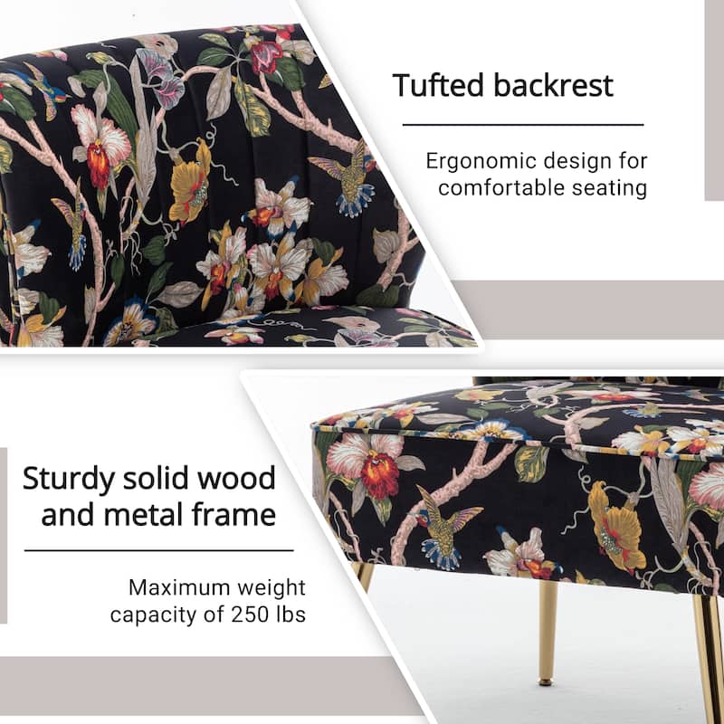 Velvet Floral Accent Chair with Gold Legs, Modern Comfy Tufted Side Chair for Living Room/Bedroom