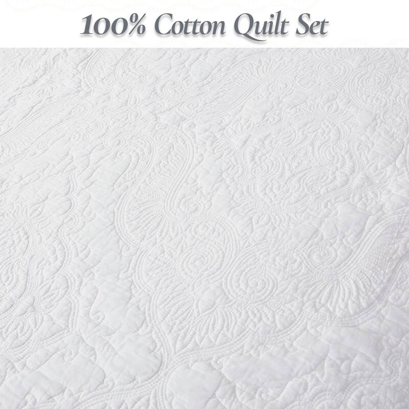 Cozy Line Classic Orient Damask Medallion Stitch Solid White Cotton 3 Piece Reversible Quilt Bedding Set