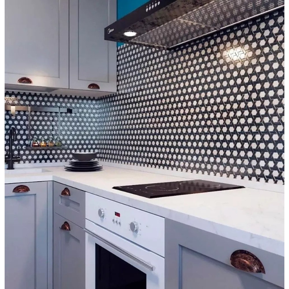 Black and White Kitchen with Glossy White Glass Tiles