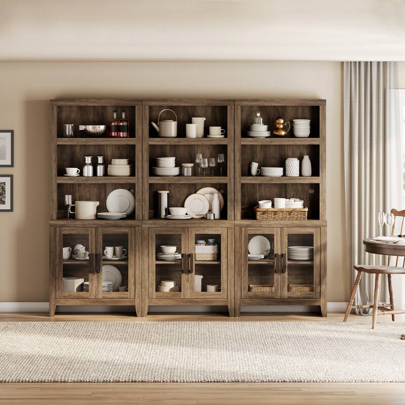 WAMPAT 3 Tier Bookshelf with Glass Door, 74" Tall Bookcase with Adjustable Shelf and Storage Cabinet, Farmhouse Wooden Bookshelf