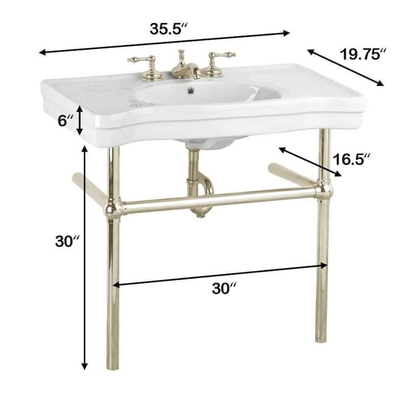 Console Sink 35.5" W White Porcelain Belle Epoque Console Sinks with 4 Legs and 8" Widespread Faucet Holes Renovators Supply