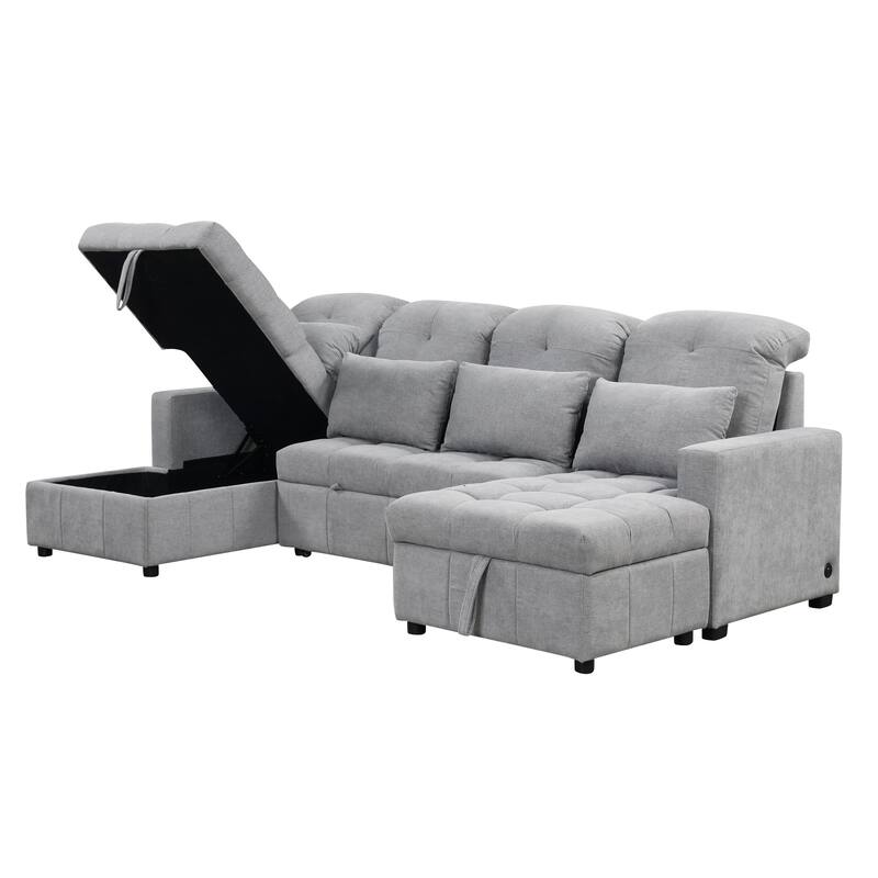 110.2" Chenille U-Shaped Sectional Sofa Bed with USB Ports