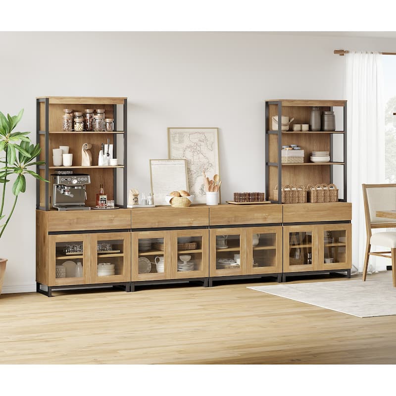 Modern Farmhouse Buffet Cabinet with 3 Tiers and 4 Cabinets, Wooden Sideboard for Dining Room or Kitchen