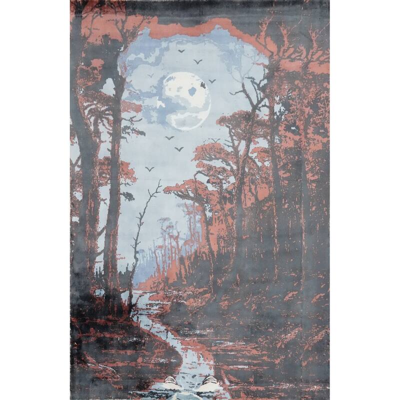 Hand Knotted Oriental Viscose Silk Carpet Modern Pictorial Multi-Colored Abstract Area Rug - 7' 8'' X 5' 7''