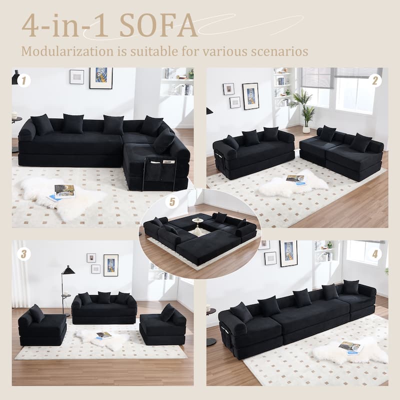 HOMEFUN Corduroy Upholstered Convertible Folding Sofa Bed with Fixed Frame and Pillow Back Handrail