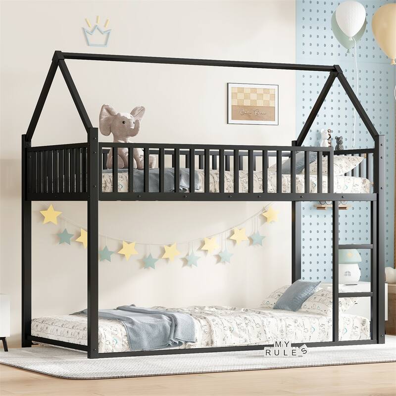 Twin size House Floor Bed w/Detachable Slats,Versatile Metal House Bed