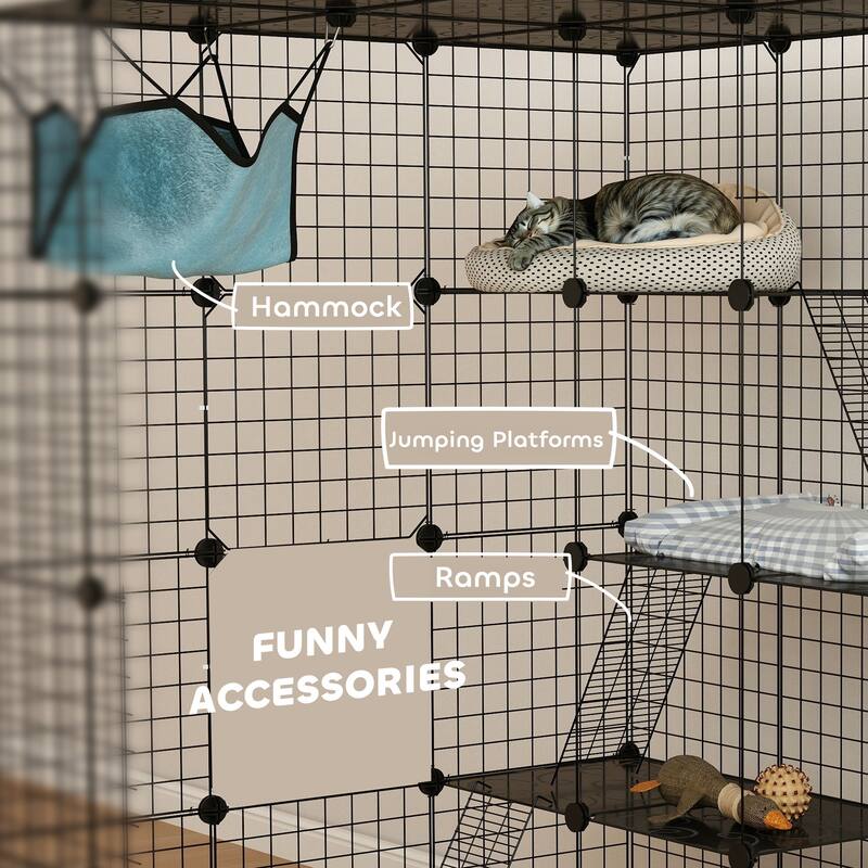 PawHut Cat Cage Indoor, DIY 4 Tier Cat Enclosure with Hammock, 3 x 3 x 4 Detachable Wire Cat Kennel with Ramps