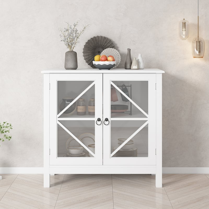 Kitchen cabinet with double glass doors - White