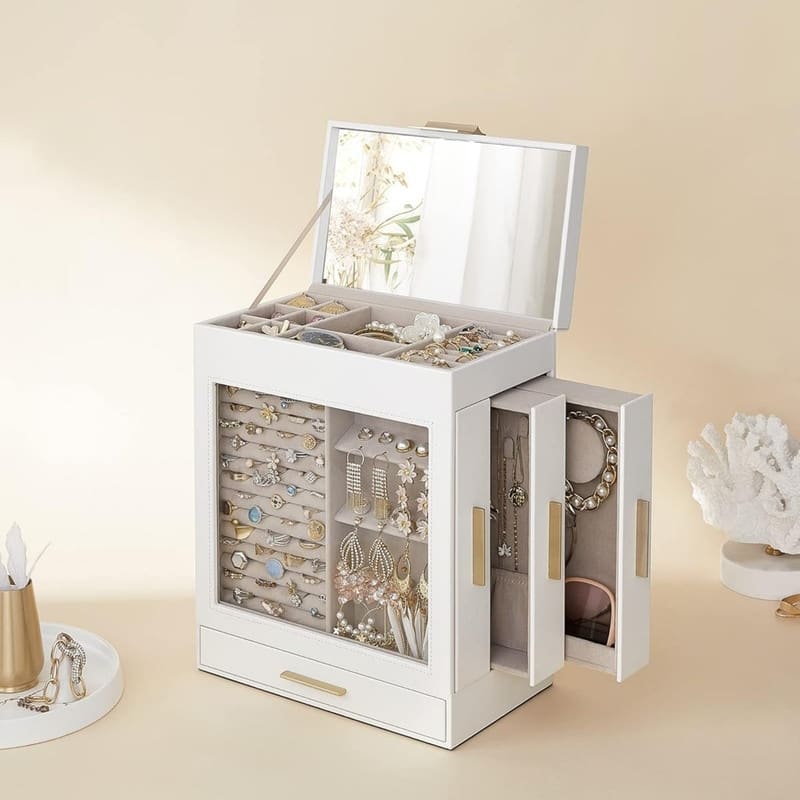 5-Layer Jewelry Box with 3 Side Drawers and Big Mirror